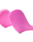 Pink variant of Miss Careful brand Ear Covers to help protect ears from hot tools and dyes. Close up showing plain black color and Miss Careful logo on the ear covers.